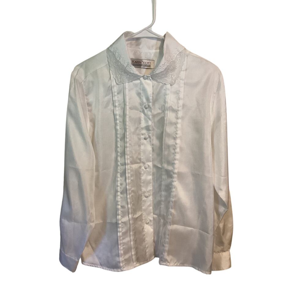 1008 Karen Scott Womens White Tuxedo Blouse with Lace Collar Size 8